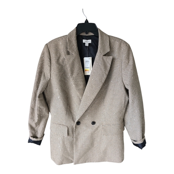 $99 On-34th New Sequin Plaid Blazer Jacket 14 Women Beige Twill Elegant New - Picture 1 of 15